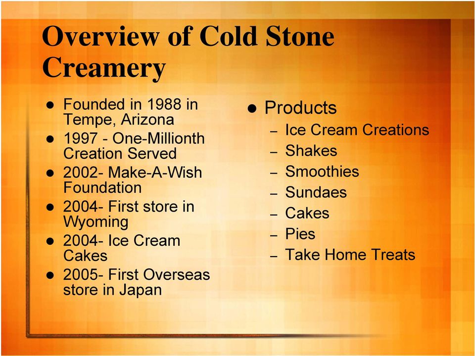 store in Wyoming 2004- Ice Cream Cakes 2005- First Overseas store in Japan