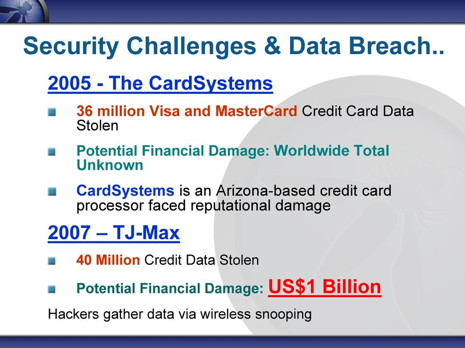 Financial Damage: Worldwide Total Unknown CardSystems is an Arizona-based credit card