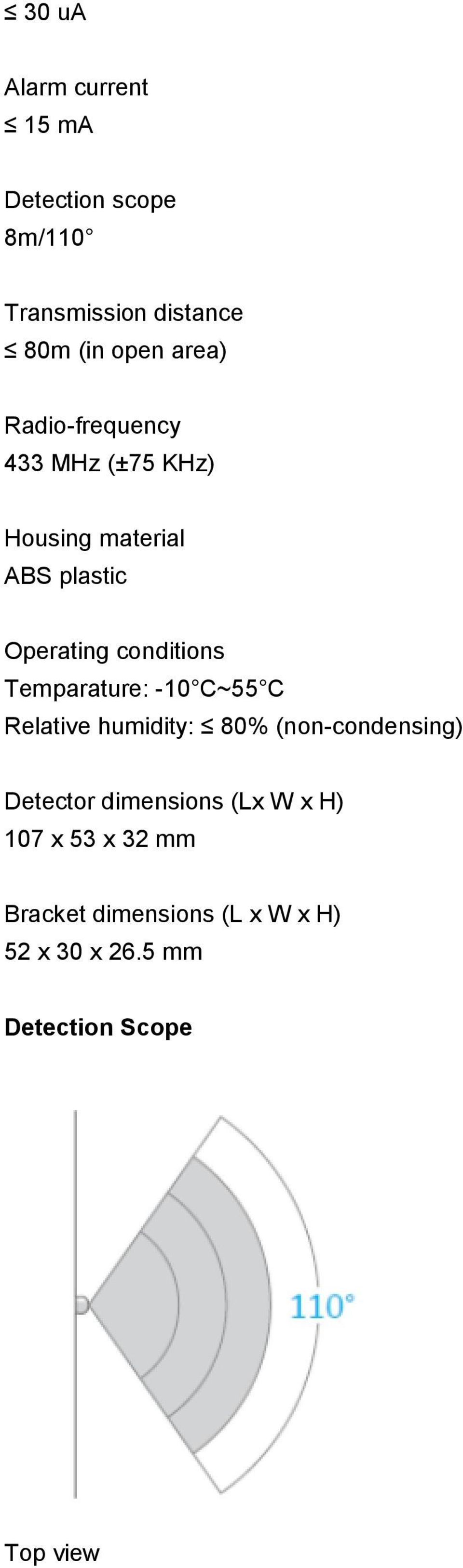 Temparature: -10 C~55 C Relative humidity: 80% (non-condensing) Detector dimensions (Lx W