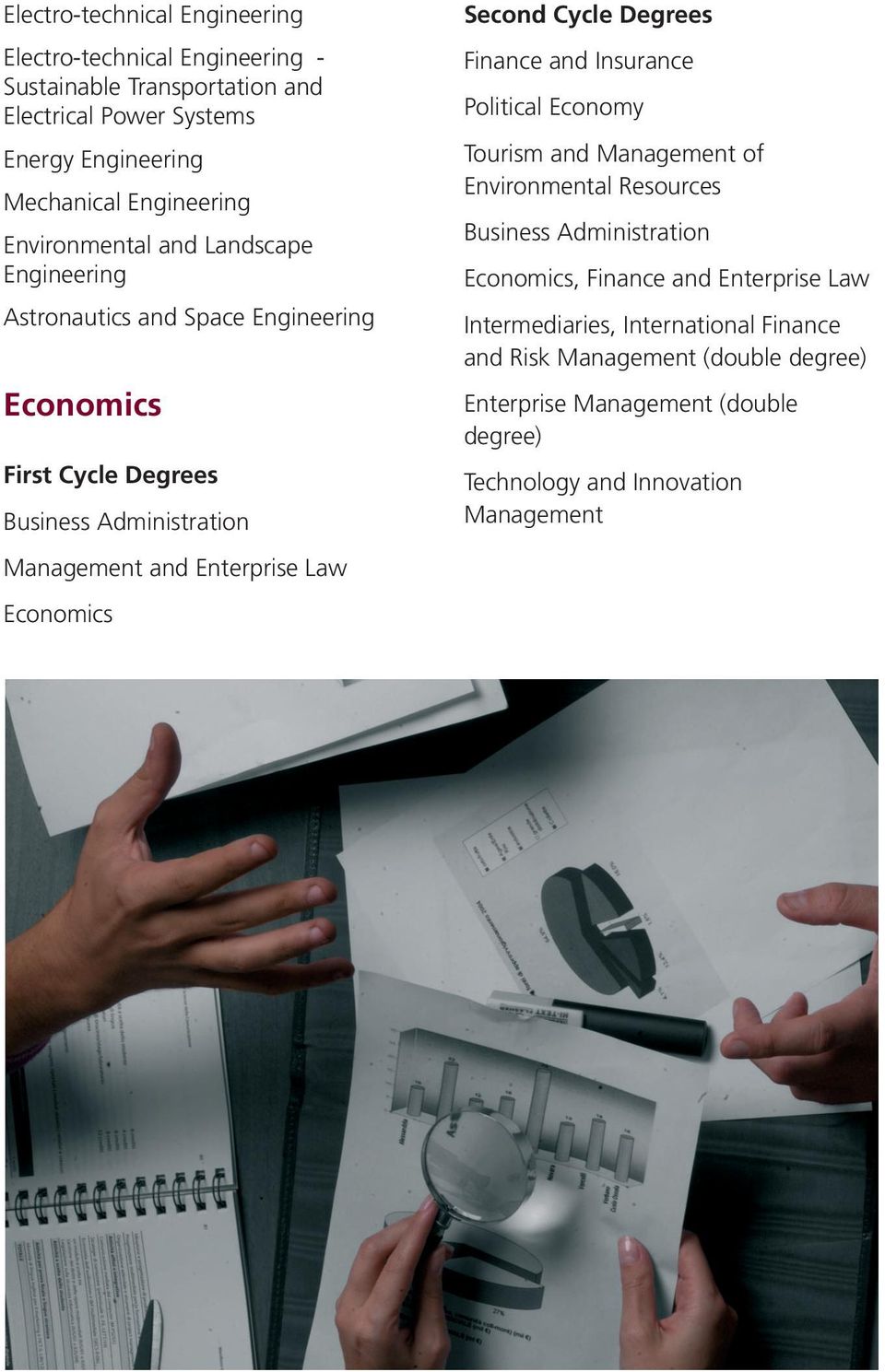 Administration Economics, Finance and Enterprise Law Astronautics and Space Engineering Intermediaries, International Finance and Risk Management