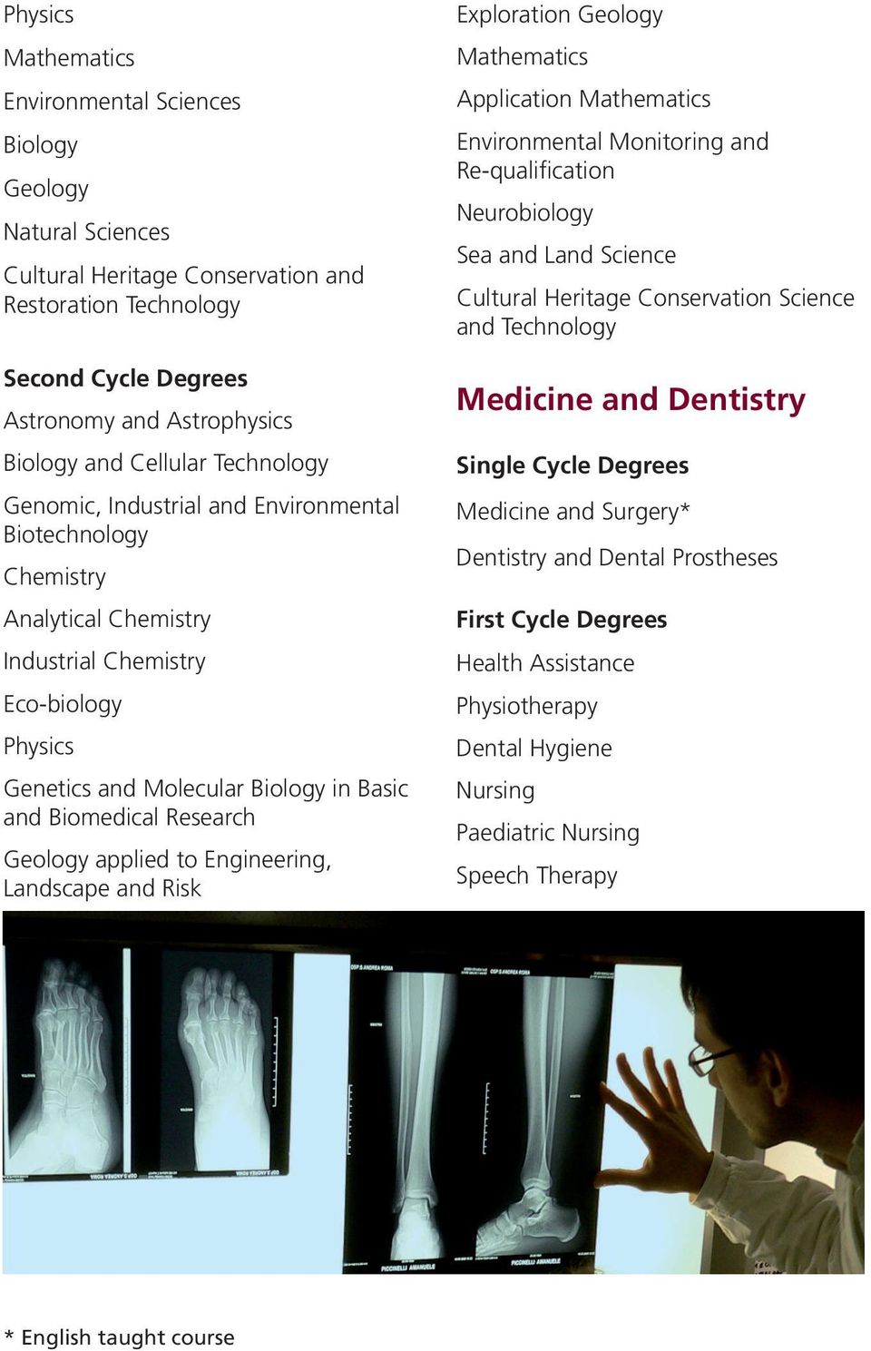 Technology Genomic, Industrial and Environmental Biotechnology Medicine and Surgery* Chemistry Dentistry and Dental Prostheses Analytical Chemistry Industrial Chemistry Health Assistance Eco-biology