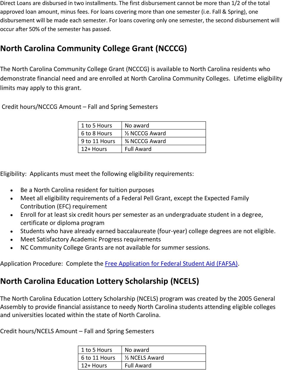 North Carolina Community College Grant (NCCCG) The North Carolina Community College Grant (NCCCG) is available to North Carolina residents who demonstrate financial need and are enrolled at North