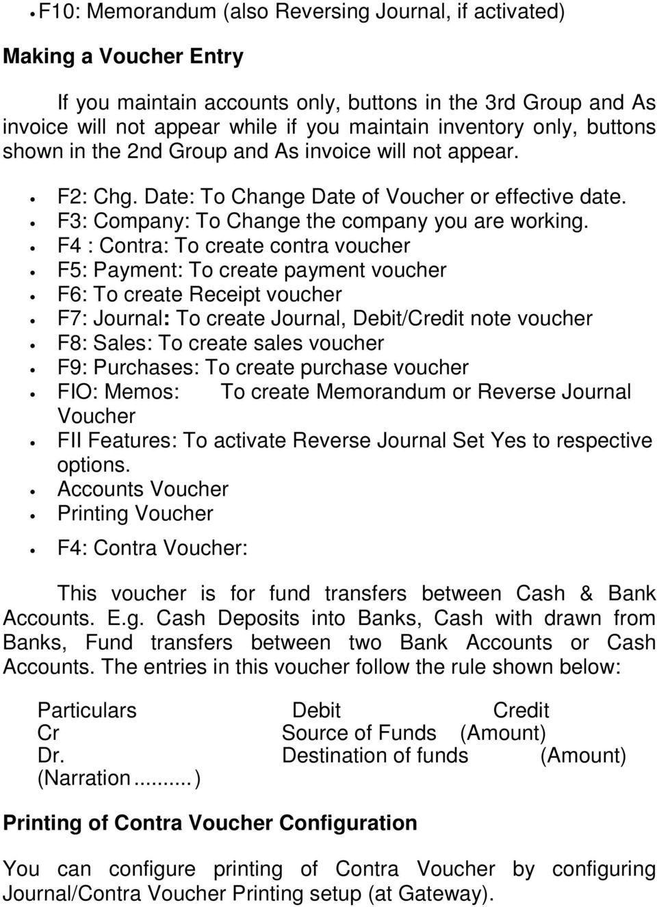 F4 : Contra: To create contra voucher F5: Payment: To create payment voucher F6: To create Receipt voucher F7: Journal: To create Journal, Debit/Credit note voucher F8: Sales: To create sales voucher