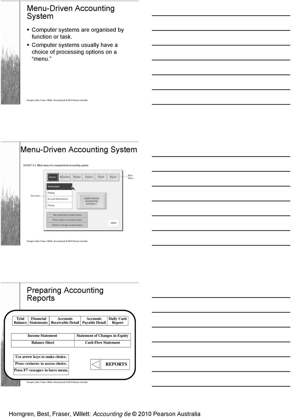 Menu-Driven Accounting System Preparing Accounting Reports Trial Balance Financial Statements Accounts Receivable Detail