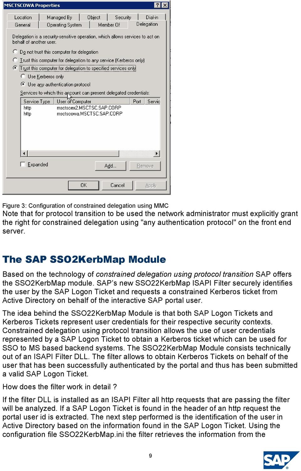 SAP s new SSO22KerbMap ISAPI Filter securely identifies the user by the SAP Logon Ticket and requests a constrained Kerberos ticket from Active Directory on behalf of the interactive SAP portal user.