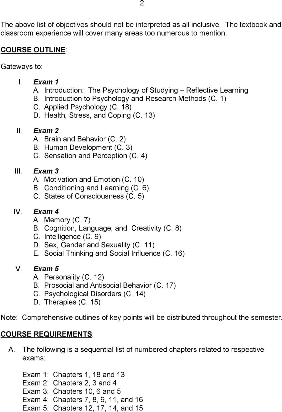 Exam 2 A. Brain and Behavior (C. 2) B. Human Development (C. 3) C. Sensation and Perception (C. 4) III. Exam 3 A. Motivation and Emotion (C. 10) B. Conditioning and Learning (C. 6) C.