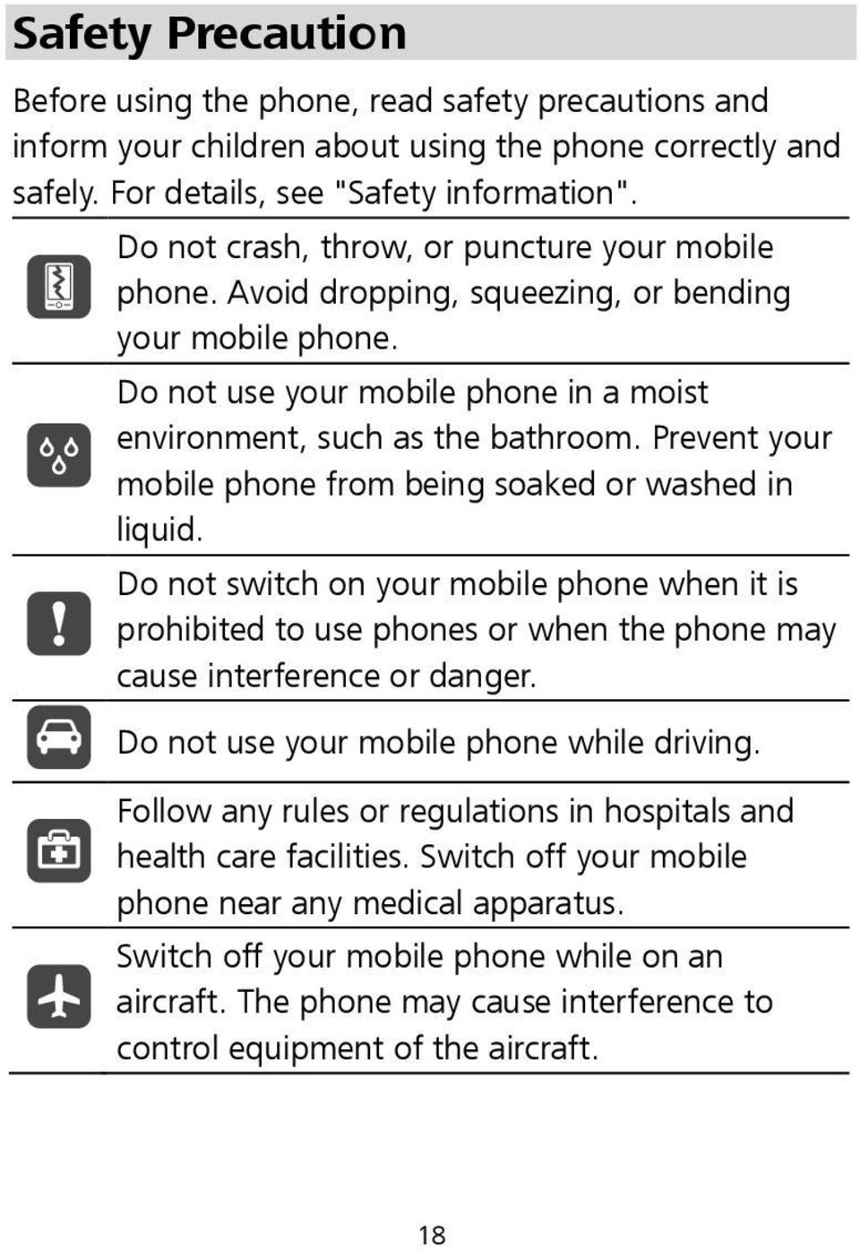 Prevent your mobile phone from being soaked or washed in liquid. Do not switch on your mobile phone when it is prohibited to use phones or when the phone may cause interference or danger.