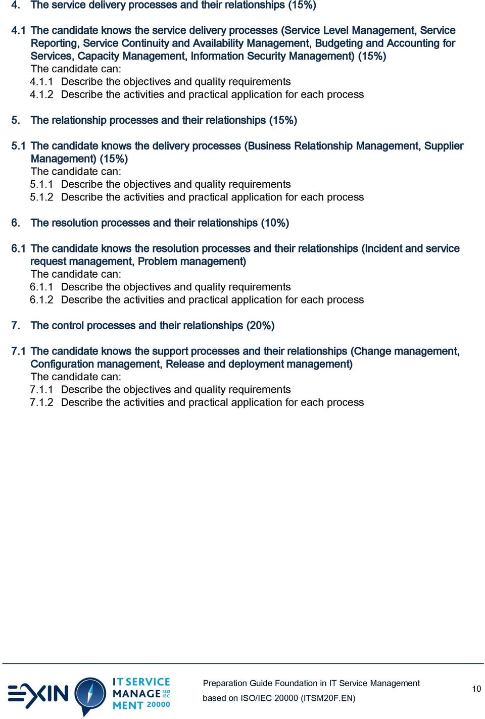 Management, Information Security Management) (15%) 4.1.1 Describe the objectives and quality requirements 4.1.2 Describe the activities and practical application for each process 5.