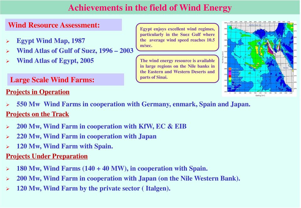 The wind energy resource is available in large regions on the Nile banks in the Eastern and Western Deserts and parts of Sinai.