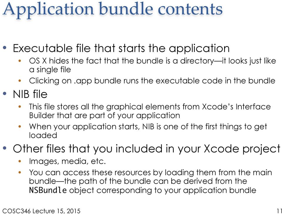 application When your application starts, NIB is one of the first things to get loaded Other files that you included in your Xcode project Images, media, etc.