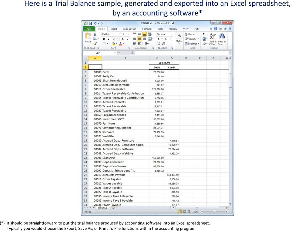 balance produced by accounting software into an Excel spreadsheet.