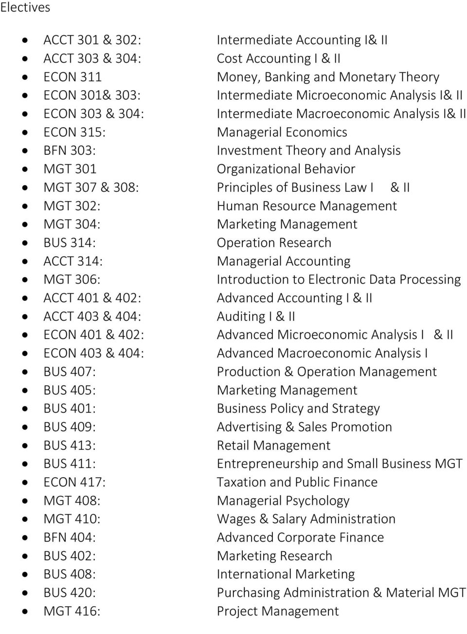 Human Resource Management MGT 04: Marketing Management BUS 14: Operation Research ACCT 14: Managerial Accounting MGT 06: Introduction to Electronic Data Processing ACCT 401 & 402: Advanced Accounting