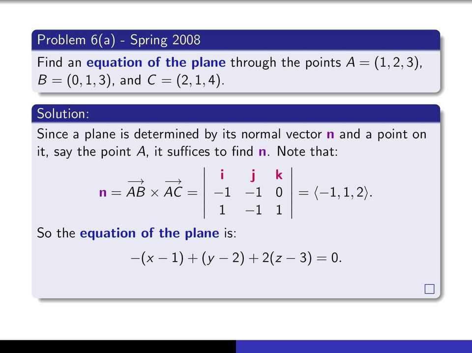 Since a plane is determined by its normal vector n and a point on it, say the point A,