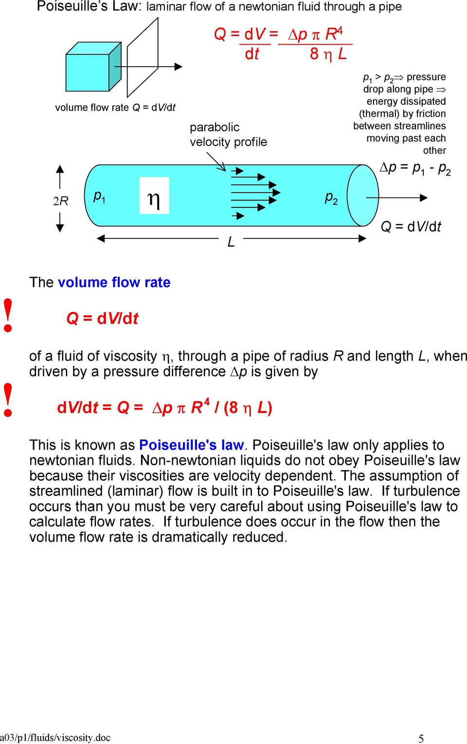 L, when driven by a pressure difference p is given by dv/dt = Q = p π R 4 / (8 η L) This is known as Poiseuille's law. Poiseuille's law only applies to newtonian fluids.