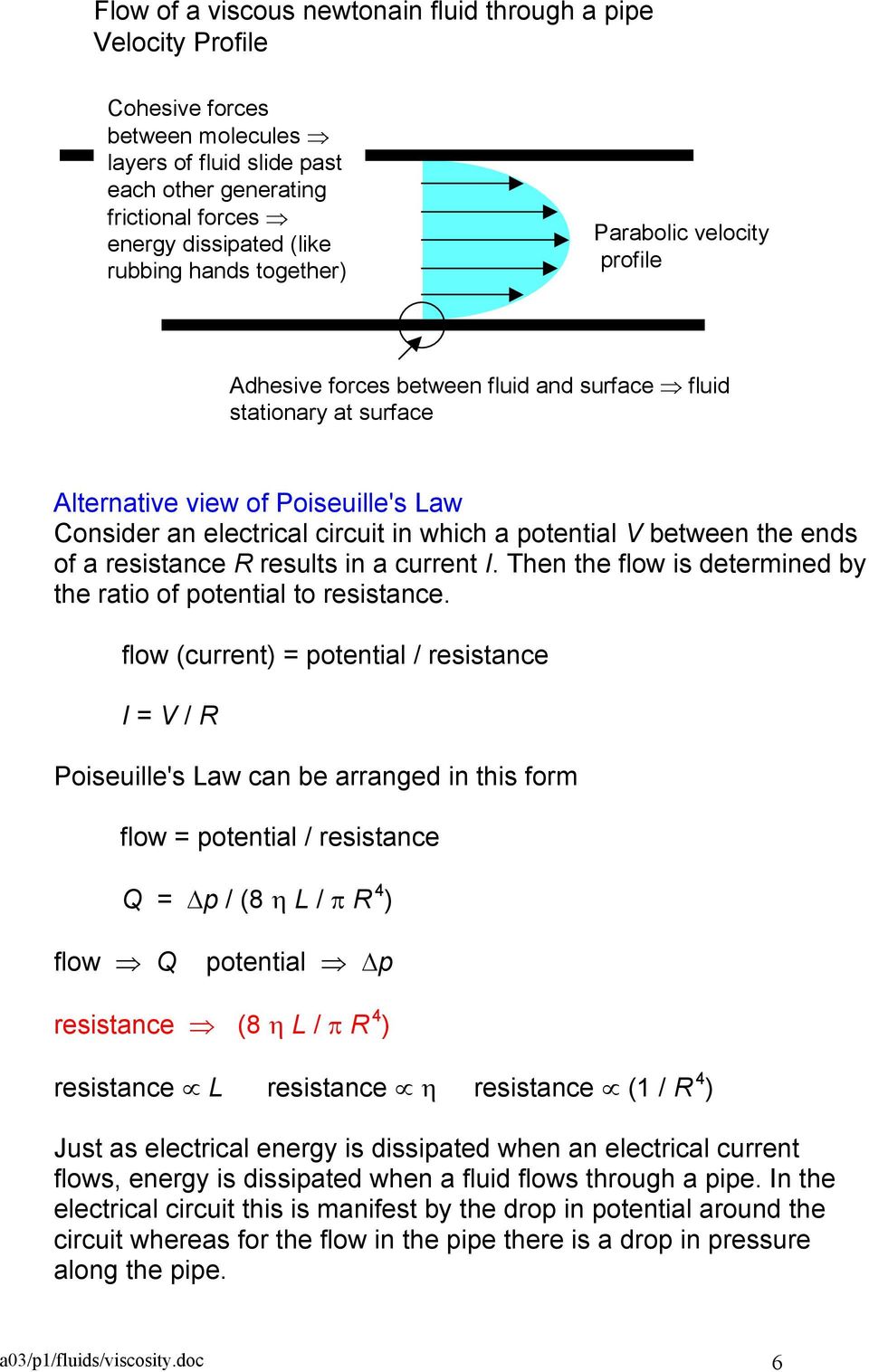 potential V between the ends of a resistance R results in a current I. Then the flow is determined by the ratio of potential to resistance.