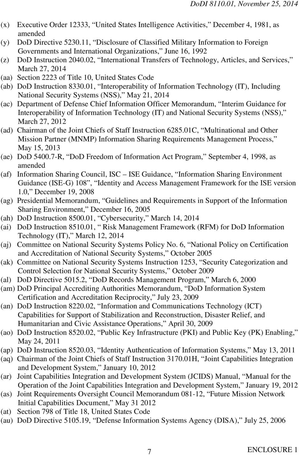 02, International Transfers of Technology, Articles, and Services, March 27, 2014 (aa) Section 2223 of Title 10, United States Code (ab) DoD Instruction 8330.