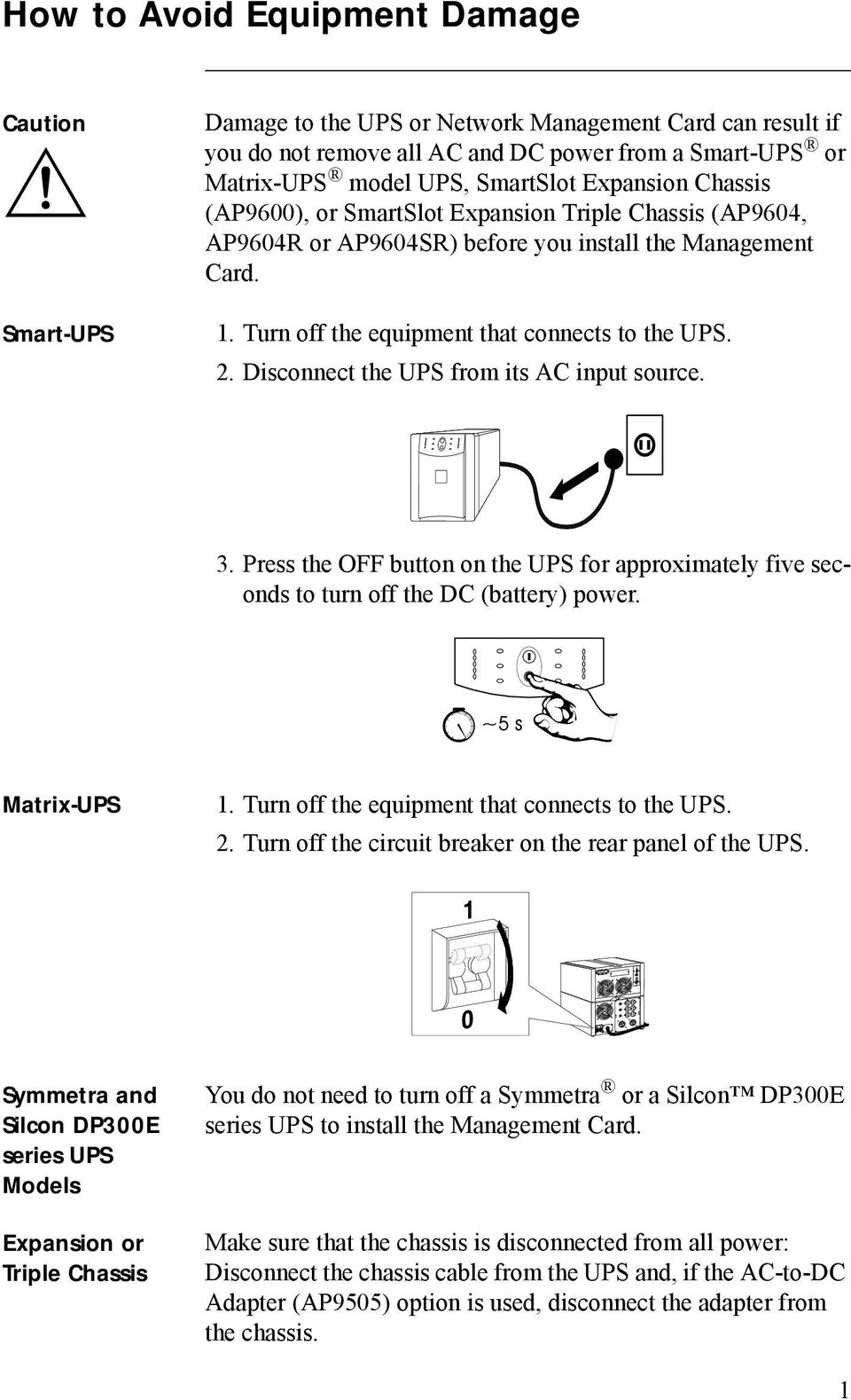 Disconnect the UPS from its AC input source. 3. Press the OFF button on the UPS for approximately five seconds to turn off the DC (battery) power. Matrix-UPS 1.