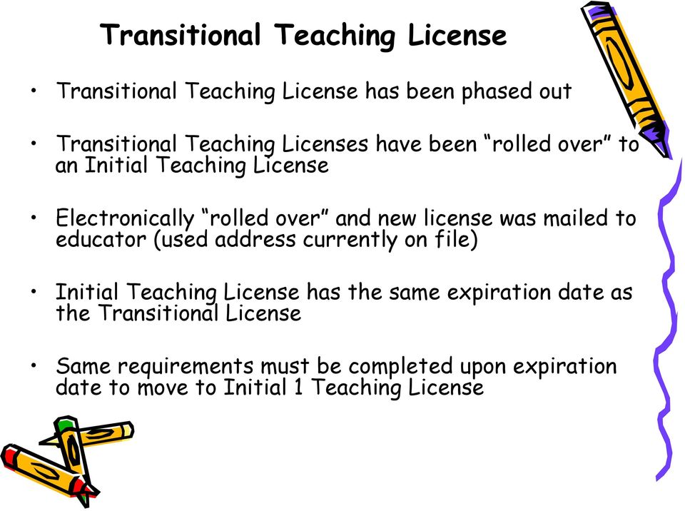 mailed to educator (used address currently on file) Initial Teaching License has the same expiration date as