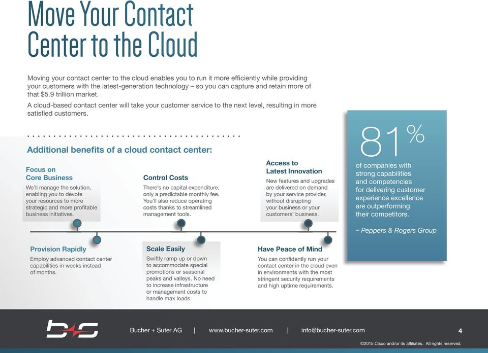 ... Additional benefits of a cloud contact center: Focus on Core Business We ll manage the solution, enabling you to devote your resources to more strategic and more profitable business initiatives.