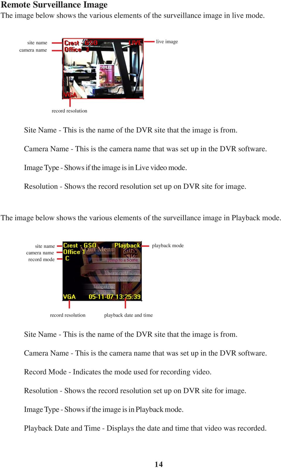 Image Type - Shows if the image is in Live video mode. Resolution - Shows the record resolution set up on DVR site for image.