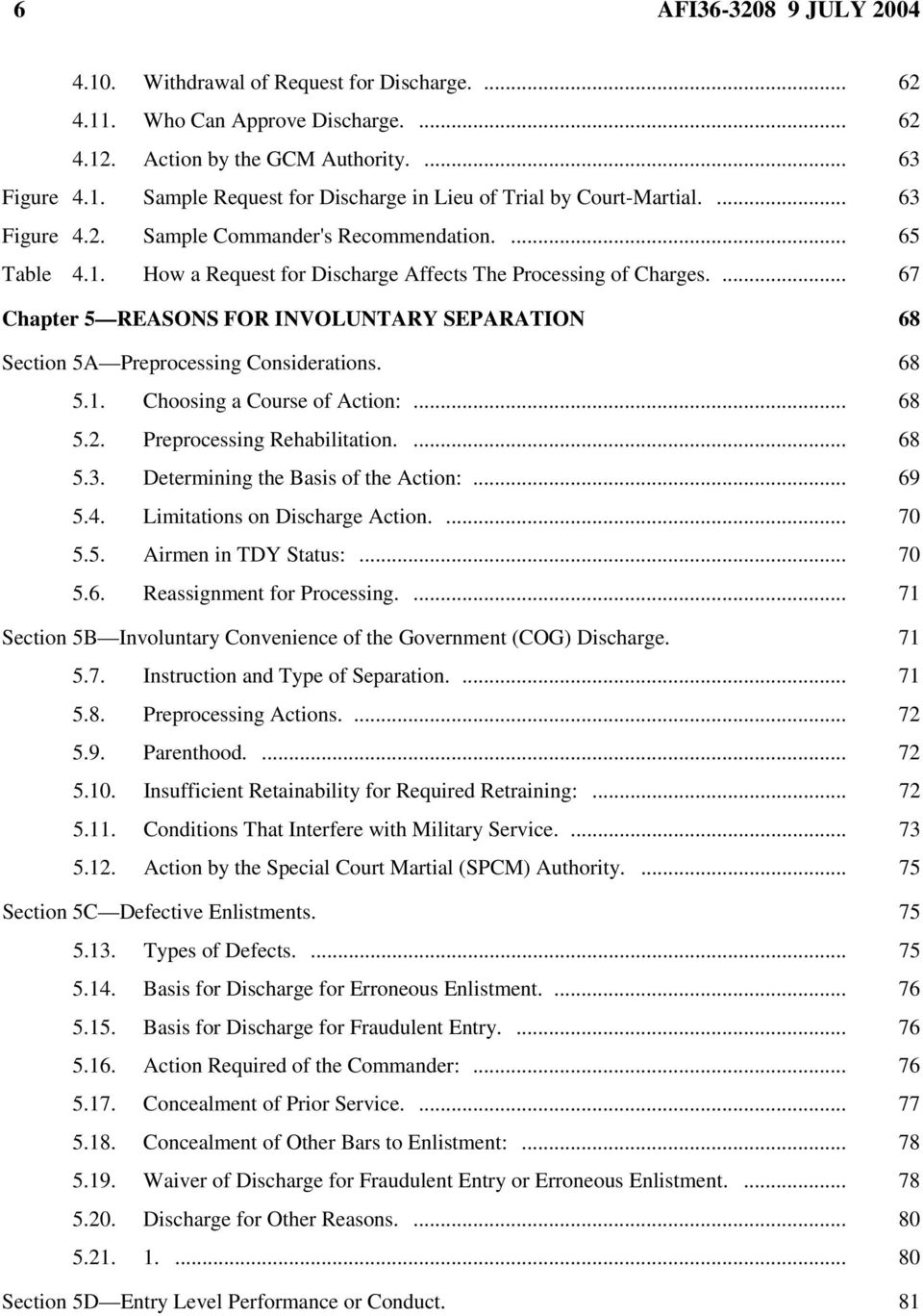 ... 67 Chapter 5 REASONS FOR INVOLUNTARY SEPARATION 68 Section 5A Preprocessing Considerations. 68 5.1. Choosing a Course of Action:... 68 5.2. Preprocessing Rehabilitation.... 68 5.3.