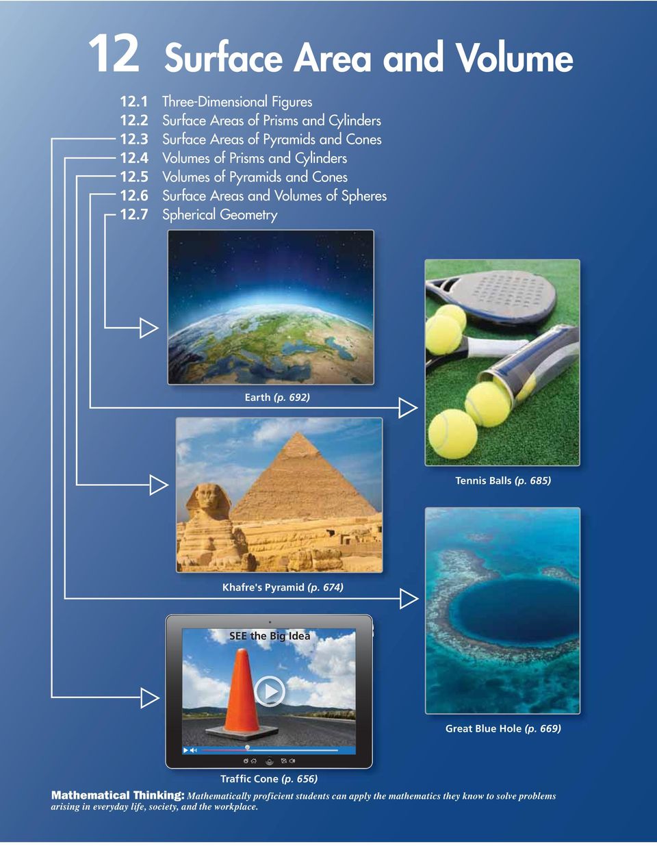 6 Surface Areas and Volumes of Spheres 12.7 Spherical Geometry Earth (p. 692) Tennis alls (p. 685) Khafre's Pyramid (p.