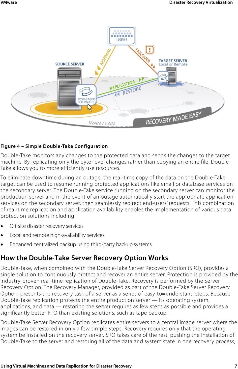 To eliminate downtime during an outage, the real-time copy of the data on the Double-Take target can be used to resume running protected applications like email or database services on the secondary
