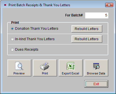 526 PastPerfect Museum Software User s Guide Figure 24-14 Print Batch Receipts & Thank You Letters screen The Donation Thank You Letters and In-kind Thank You Letters are set up by going to the Main