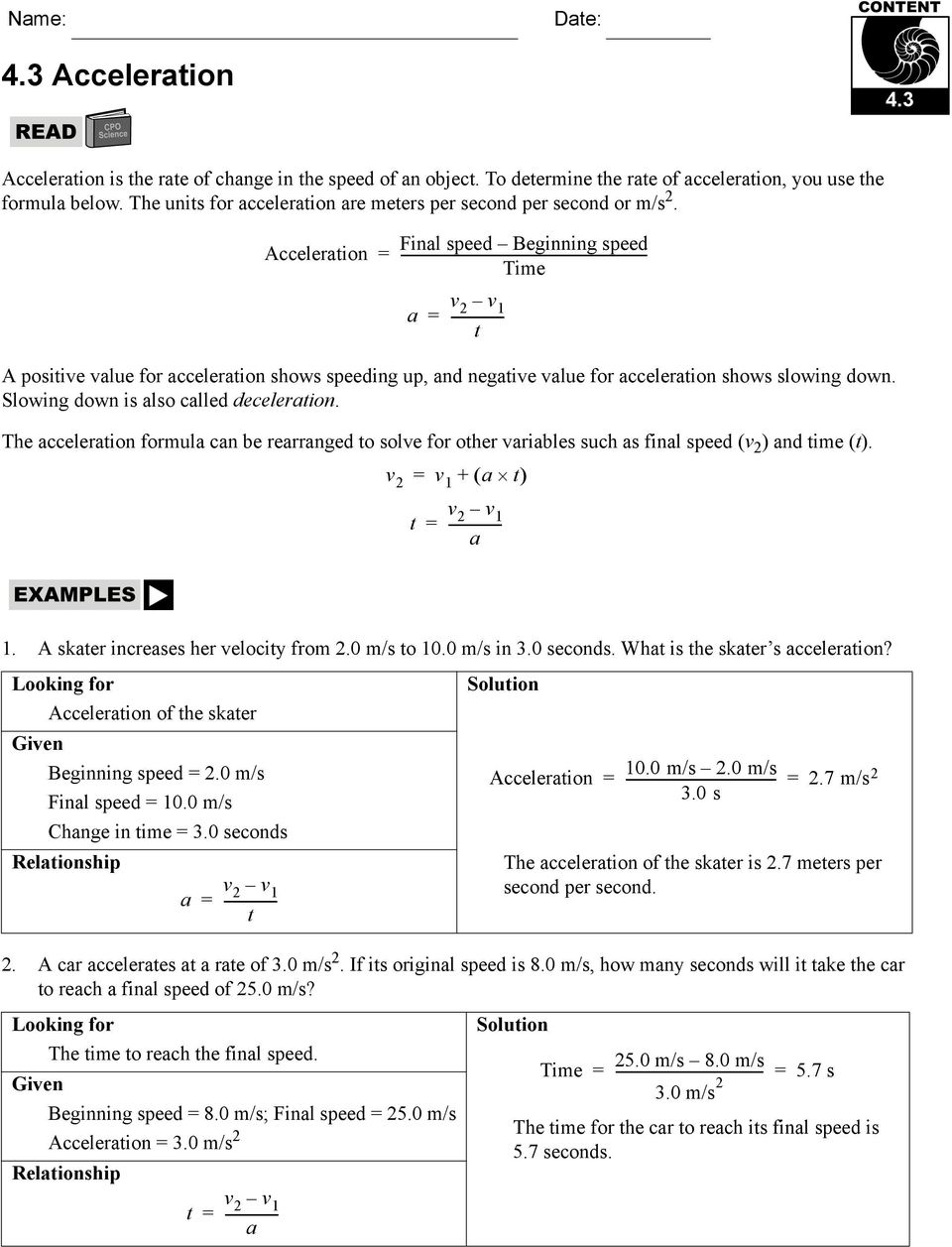 2224.2224 Speed 2224.2224. Solution t 2224.24 s. speed = s The speed of the With Acceleration Practice Problems Worksheet