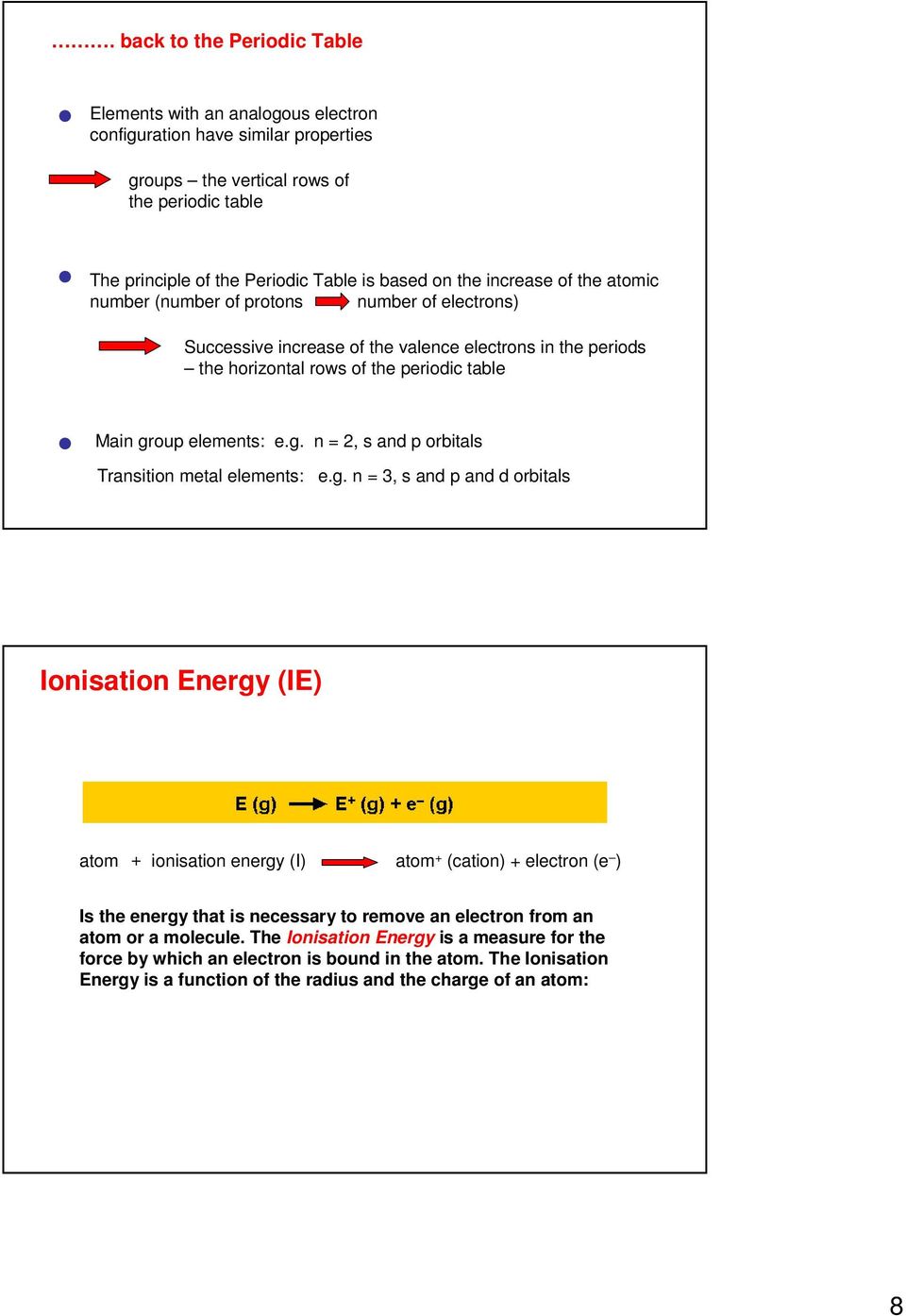 g. n = 2, s and p orbitals Transition metal elements: e.g. n = 3, s and p and d orbitals Ionisation Energy (IE) atom + ionisation energy (I) atom + (cation) + electron (e ) Is the energy that is necessary to remove an electron from an atom or a molecule.