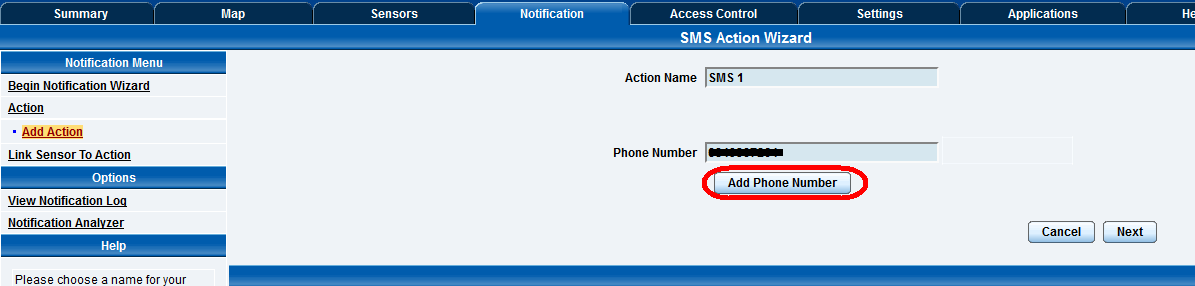 In the next screen you will select the SMS action from the Select an Action Type drop down list as shown above, and then click the Next button.