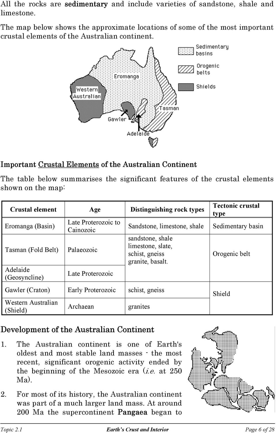 Important Crustal Elements of the Australian Continent The table below summarises the significant features of the crustal elements shown on the map: Crustal element Age Distinguishing rock types