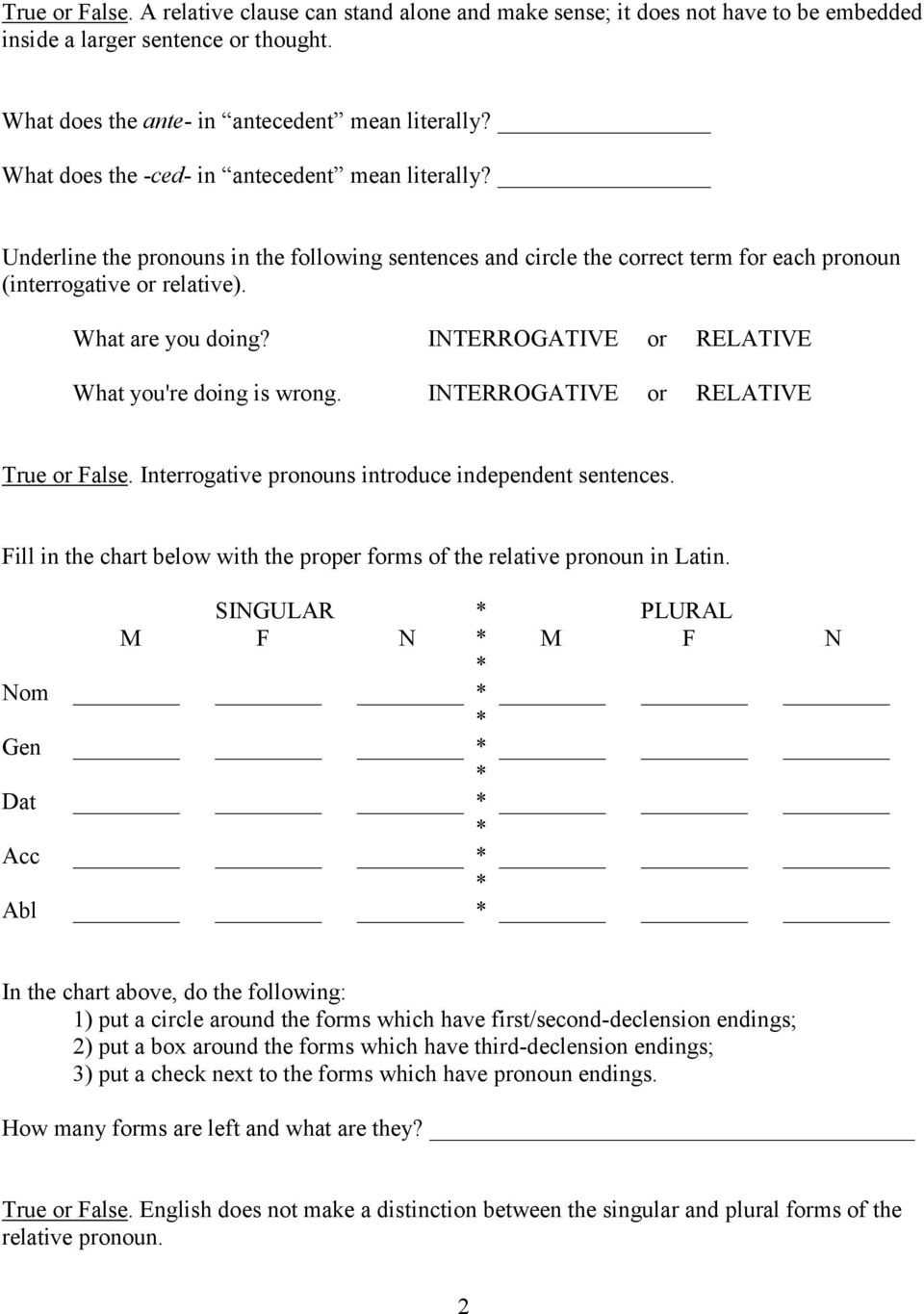 Latin Relative Pronoun Chart