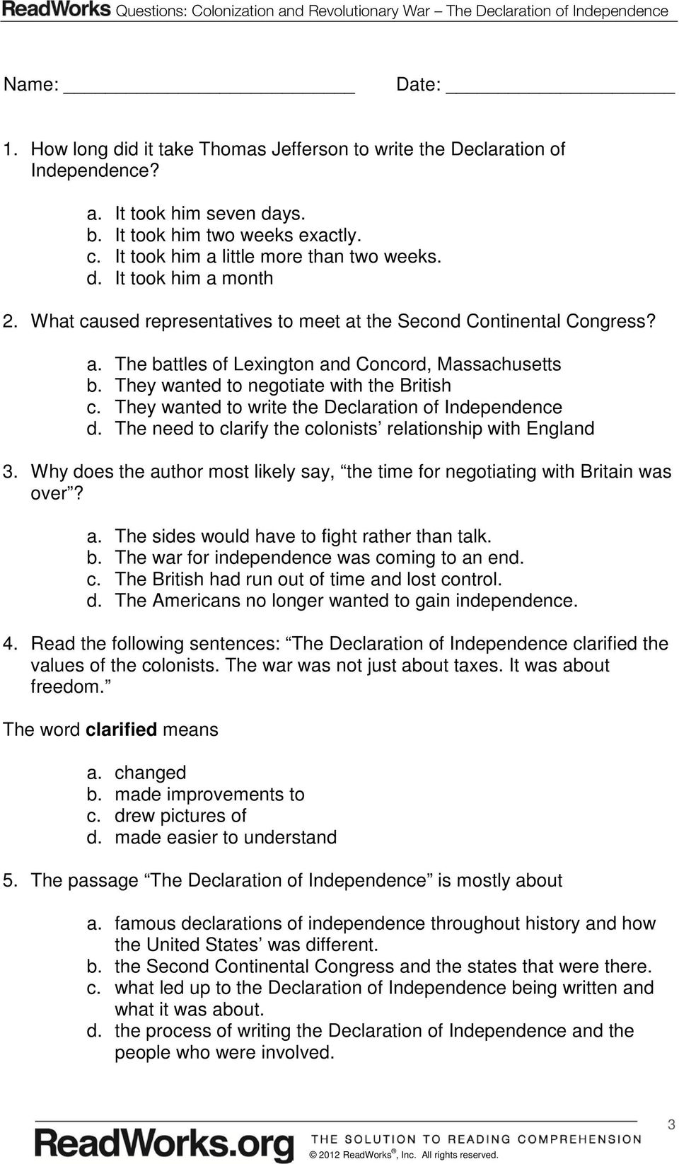 the declaration of the rights of man and citizen student worksheet Throughout Declaration Of Independence Worksheet Answers