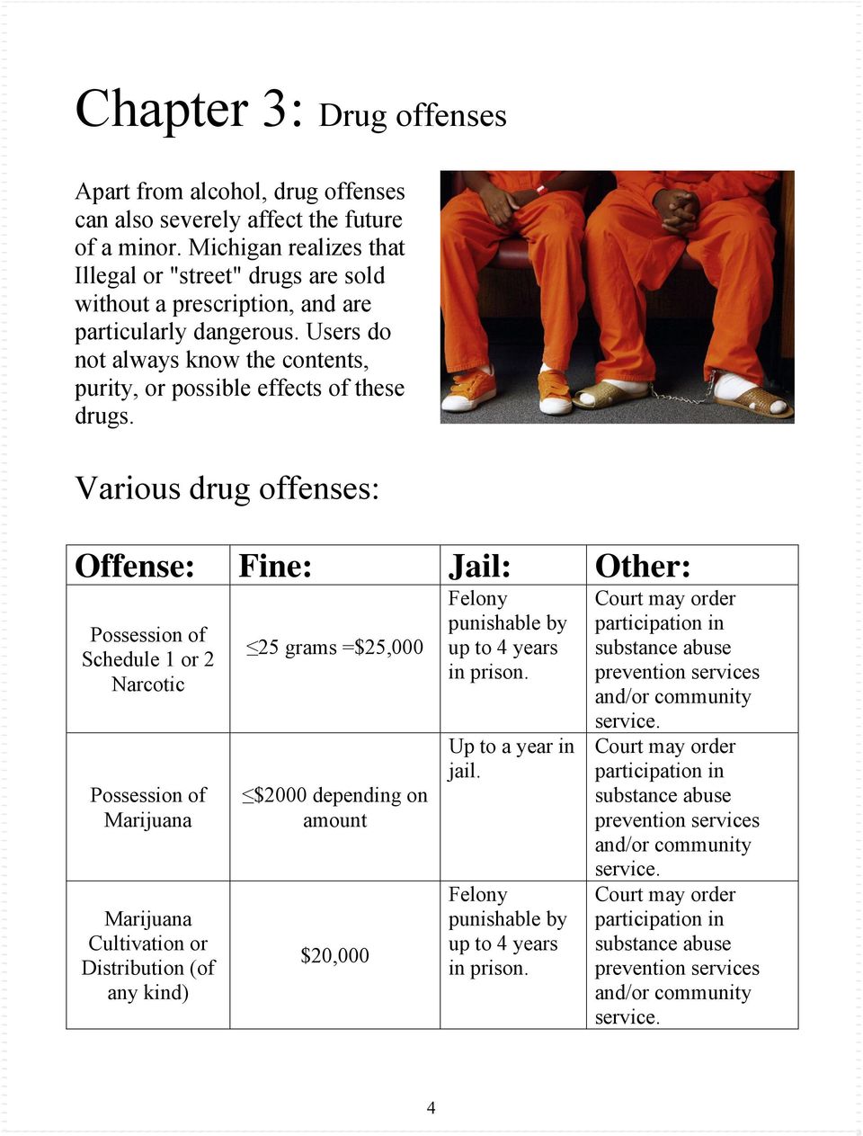 Various drug offenses: Offense: Fine: Jail: Other: Possession of Schedule 1 or 2 Narcotic Possession of Marijuana Marijuana Cultivation or Distribution (of any kind) 25 grams =$25,000 $2000 depending