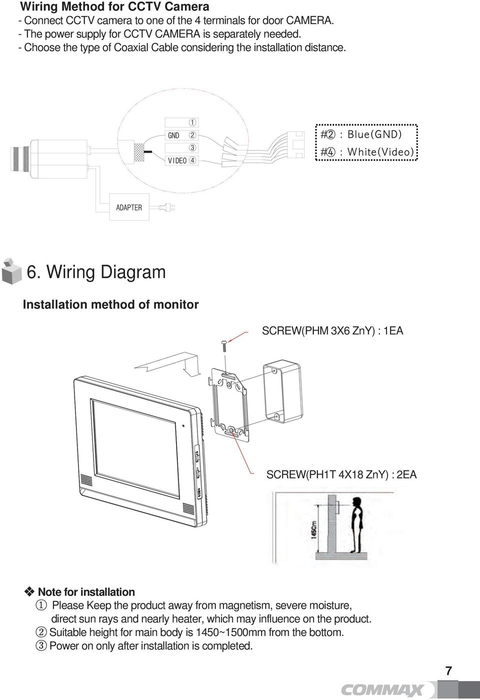 Wiring Diagram Installation method of monitor SCREW(PHM 3X6 ZnY) : 1EA SCREW(PH1T 4X18 ZnY) : 2EA Note for installation 1 Please Keep the product