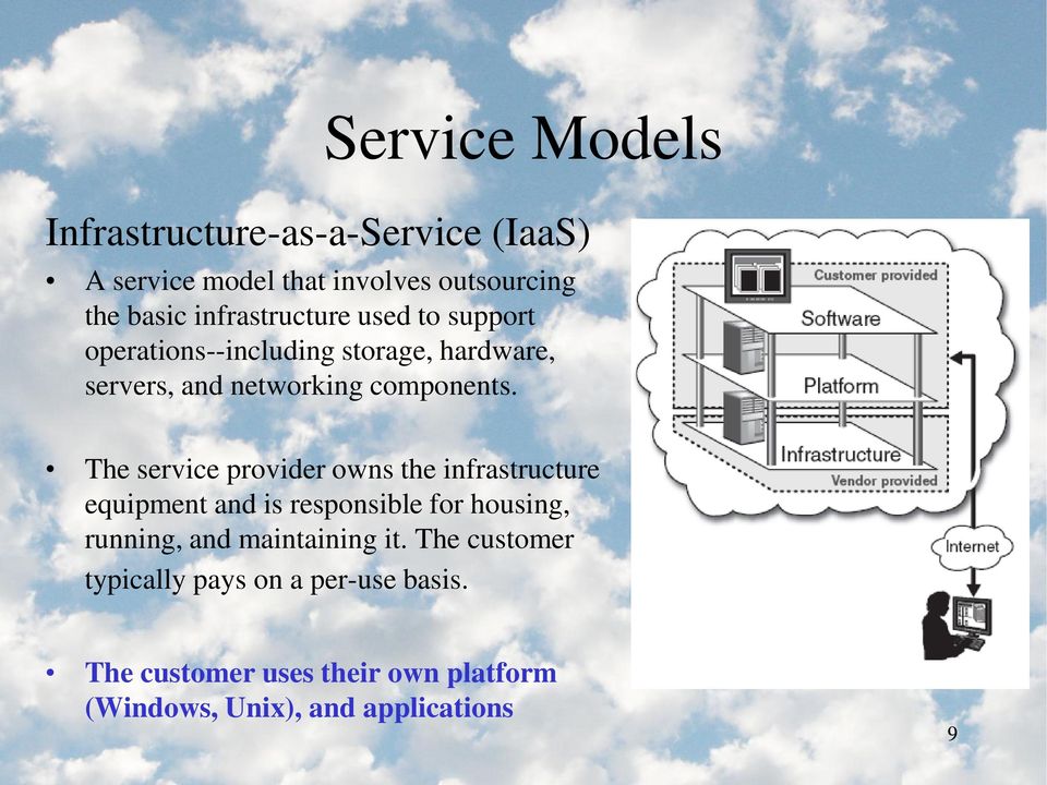 The service provider owns the infrastructure equipment and is responsible for housing, running, and maintaining