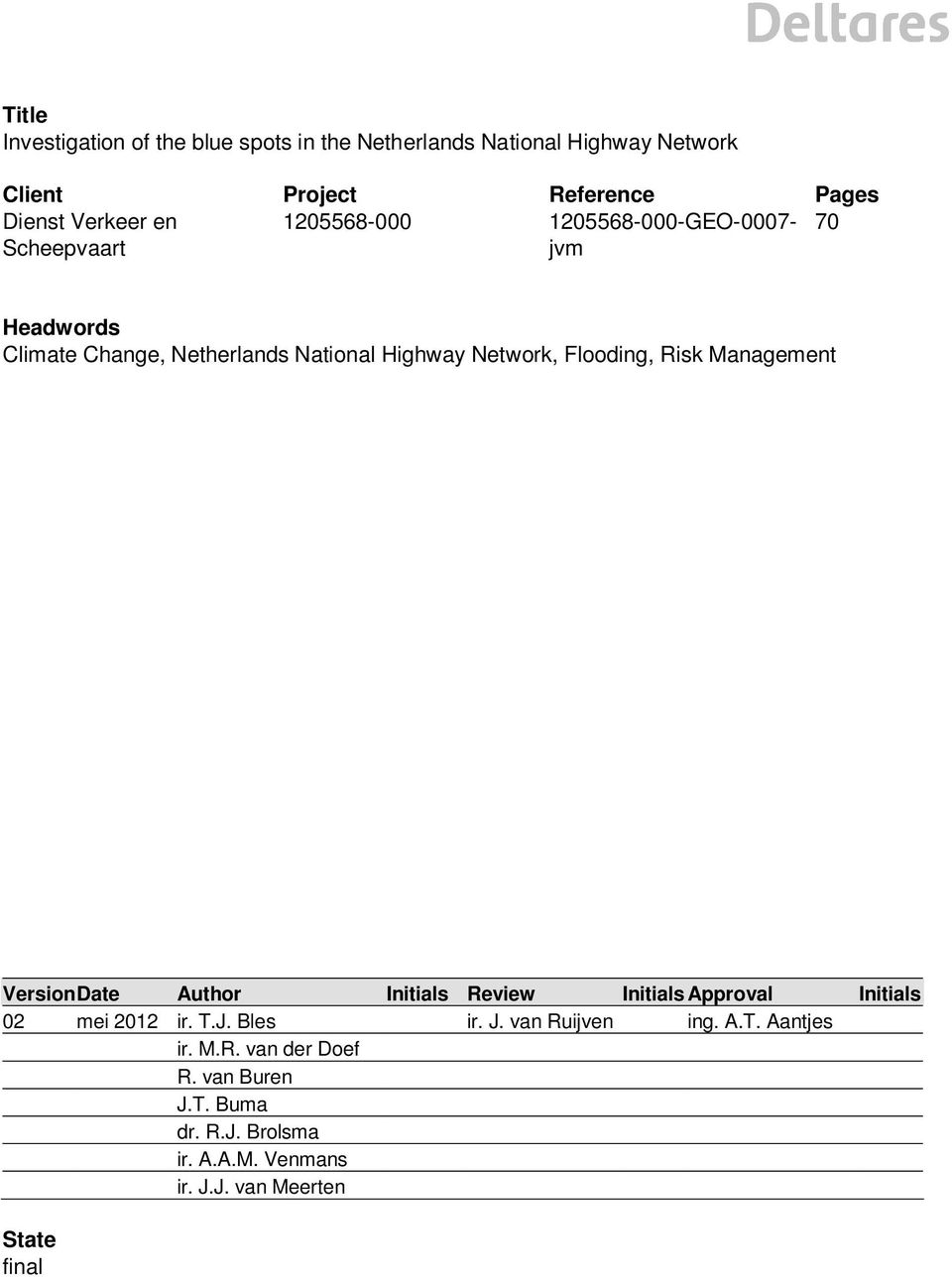 Flooding, Risk Management Version Date Author Initials Review Initials Approval Initials 02 mei 2012 ir. T.J. Bles ir. J.