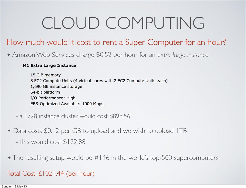 52 per hour for an extra large instance - a 1728 instance cluster would cost $898.