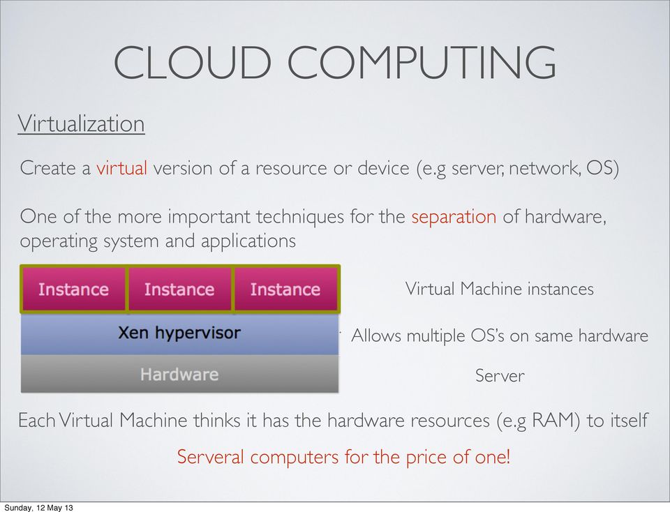 operating system and applications Virtual Machine instances Allows multiple OS s on same hardware