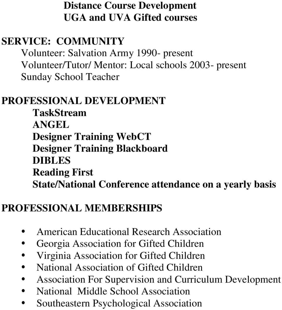 attendance on a yearly basis PROFESSIONAL MEMBERSHIPS American Educational Research Association Georgia Association for Gifted Children Virginia Association for Gifted