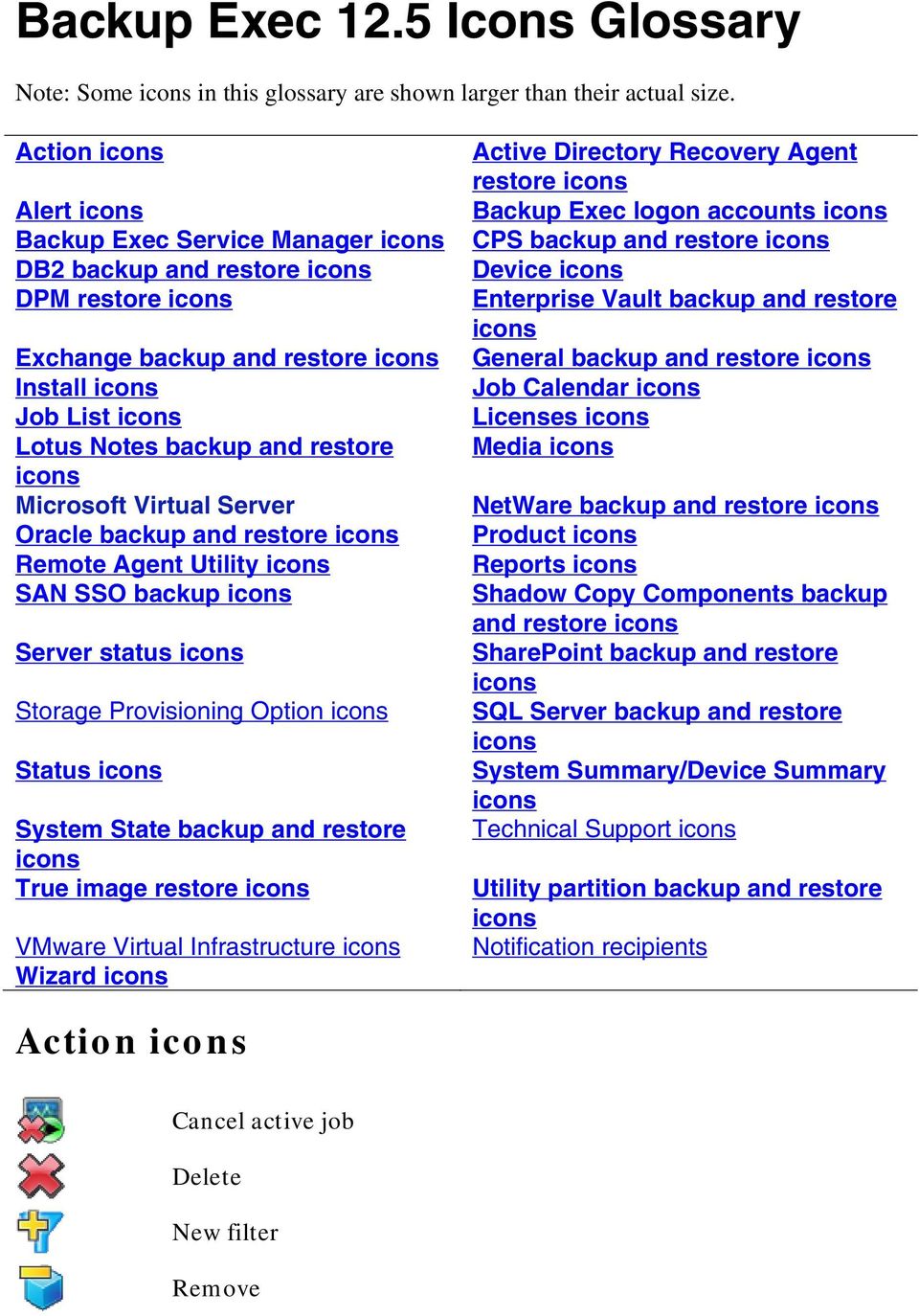 icons Microsoft Virtual Server Oracle backup and restore icons Remote Agent Utility icons SAN SSO backup icons Server status icons Storage Provisioning Option icons Status icons System State backup
