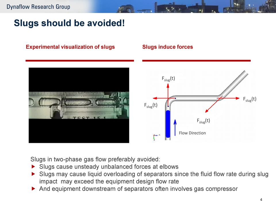Direction Slugs in two-phase gas flow preferably avoided: Slugs cause unsteady unbalanced forces at elbows