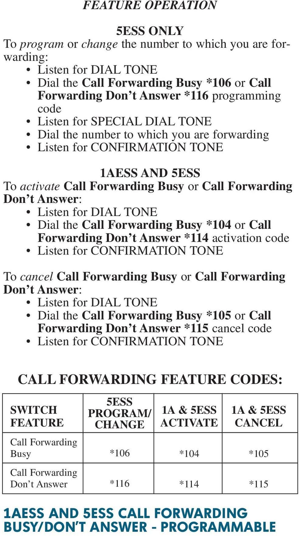 Answer *114 activation code Listen for CONFIRMATION TONE To cancel Call Forwarding Busy or Call Forwarding Don t Answer: Dial the Call Forwarding Busy *105 or Call Forwarding Don t Answer *115 cancel