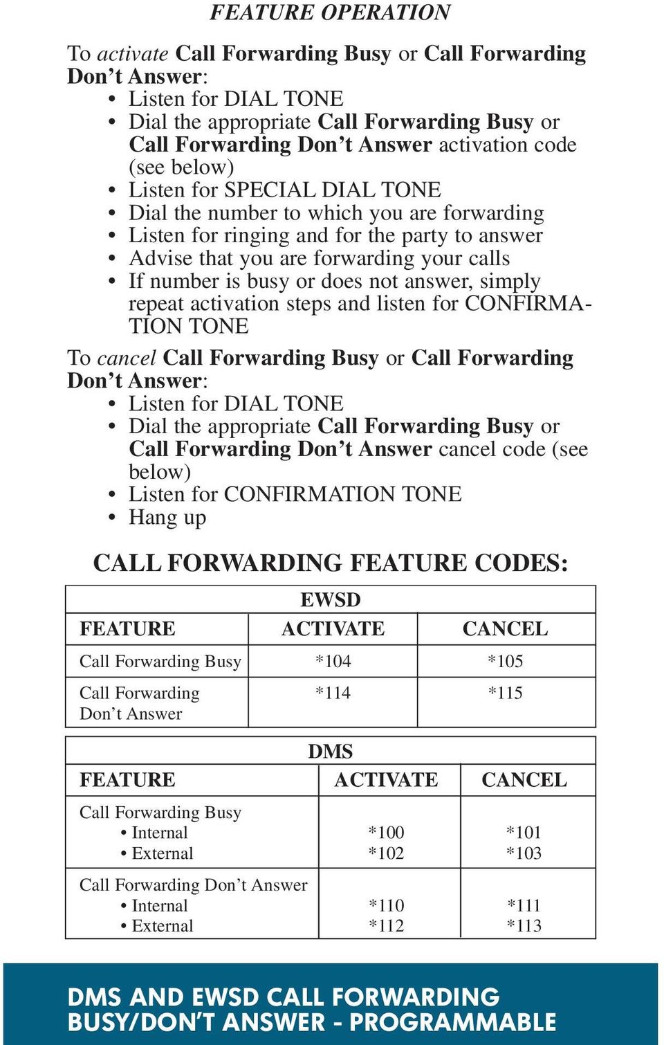 listen for CONFIRMA- TION TONE To cancel Call Forwarding Busy or Call Forwarding Don t Answer: Dial the appropriate Call Forwarding Busy or Call Forwarding Don t Answer cancel code (see below) Listen