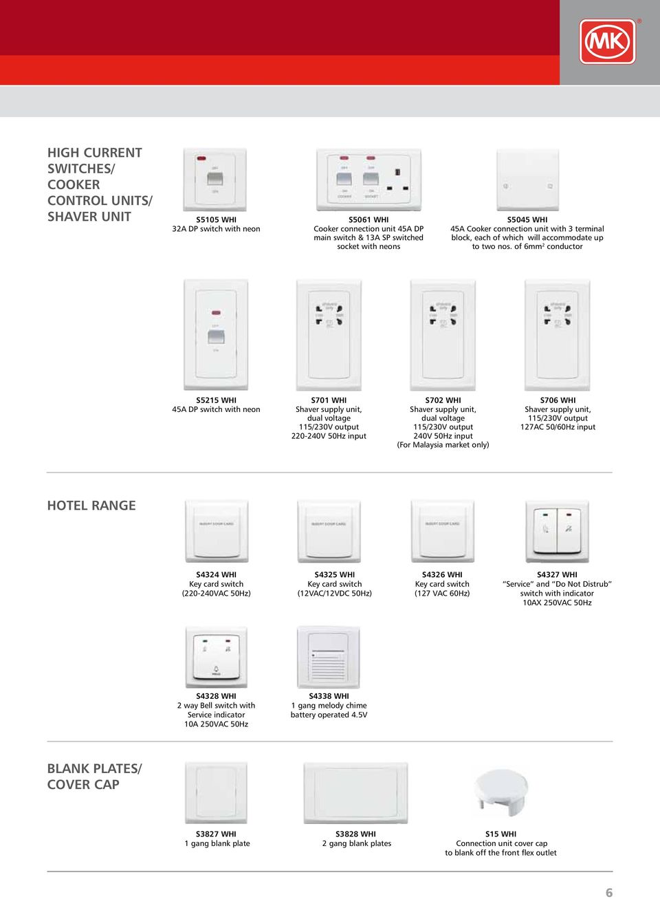 of 6mm 2 conductor S5215 WHI 45A DP switch with neon S701 WHI Shaver supply unit, dual voltage 115/230V output 220-240V 50Hz input S702 WHI Shaver supply unit, dual voltage 115/230V output 240V 50Hz