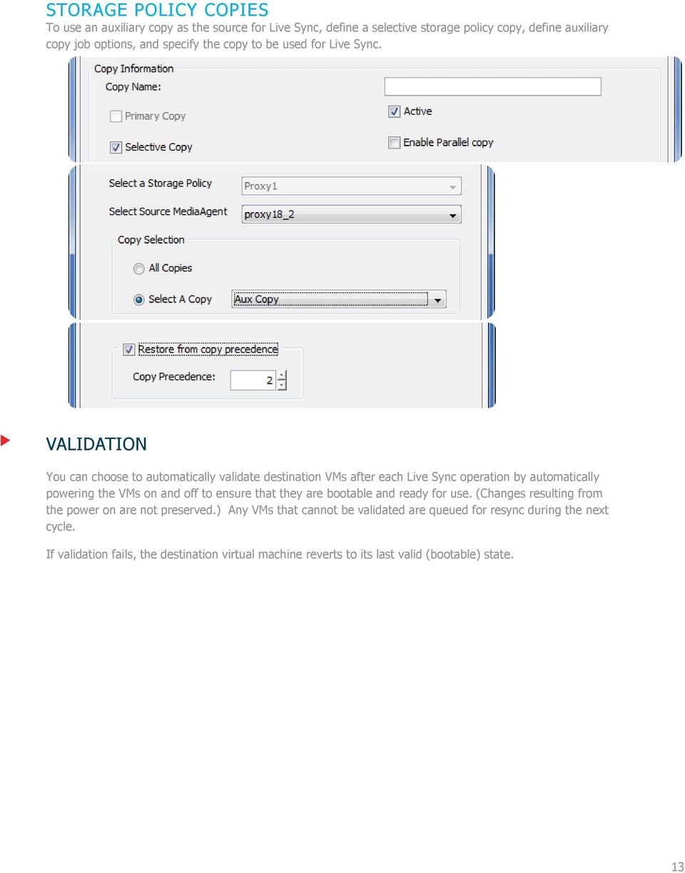 VALIDATION You can choose to automatically validate destination VMs after each Live Sync operation by automatically powering the VMs on and off to ensure