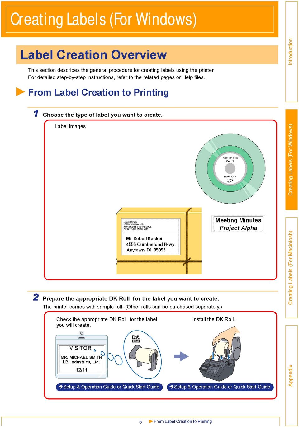 From Label Creation to Printing 1 Choose the type of label you want to create. Label images 2 Prepare the appropriate DK Roll for the label you want to create.