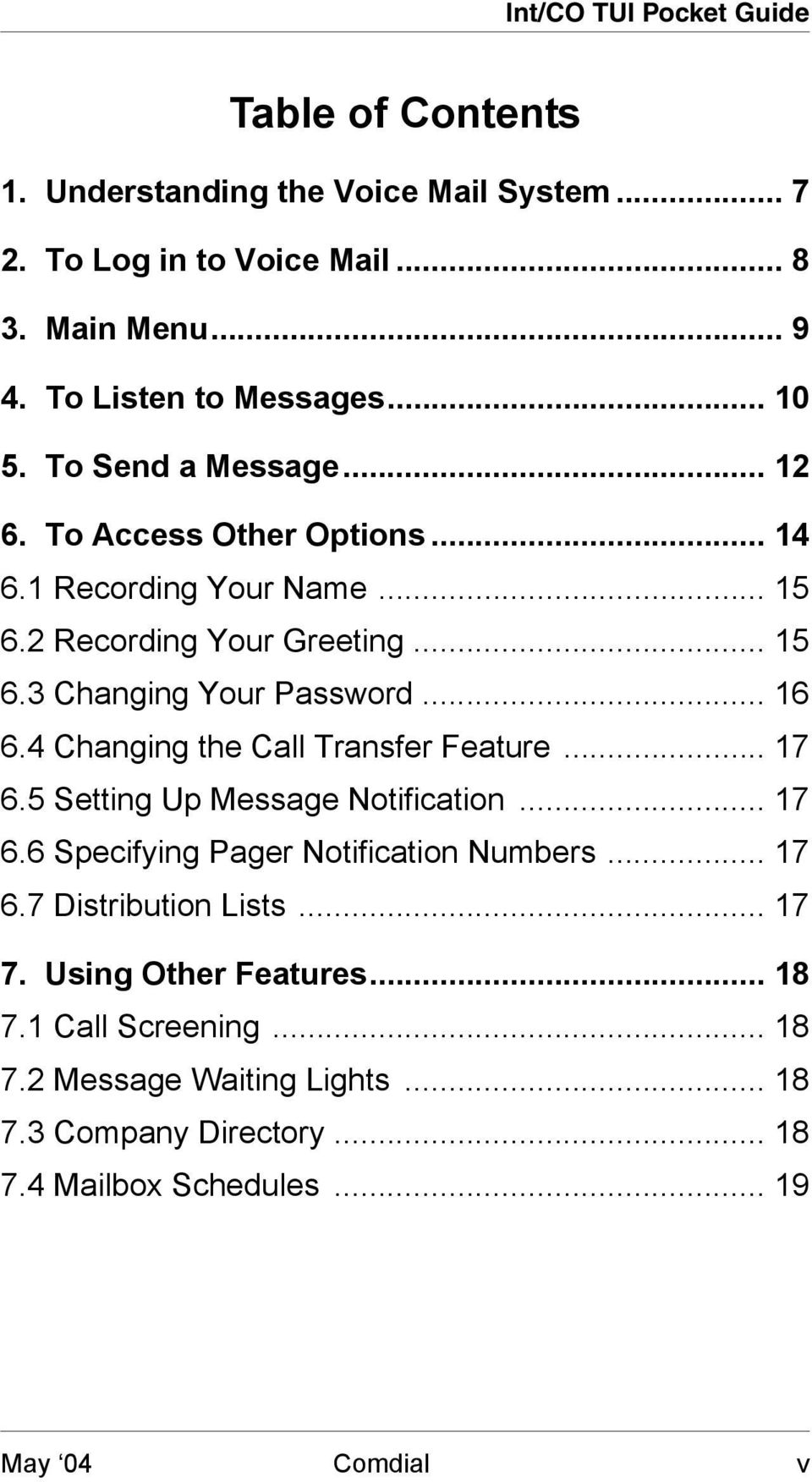 .. 16 6.4 Changing the Call Transfer Feature... 17 6.5 Setting Up Message Notification... 17 6.6 Specifying Pager Notification Numbers... 17 6.7 Distribution Lists.