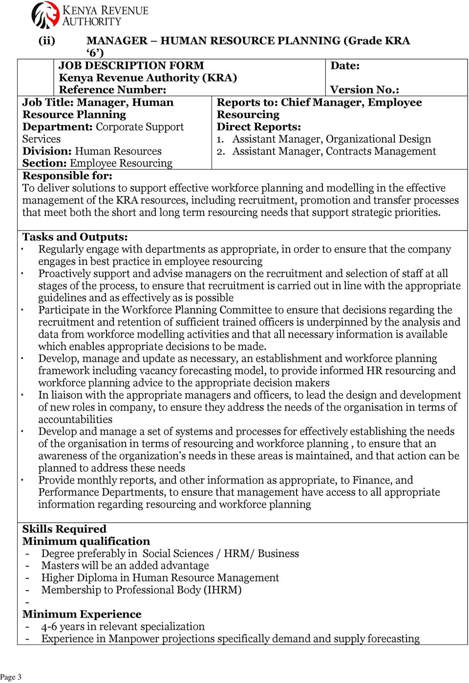 Assistant Manager, Organizational Design Division: Human Resources 2.